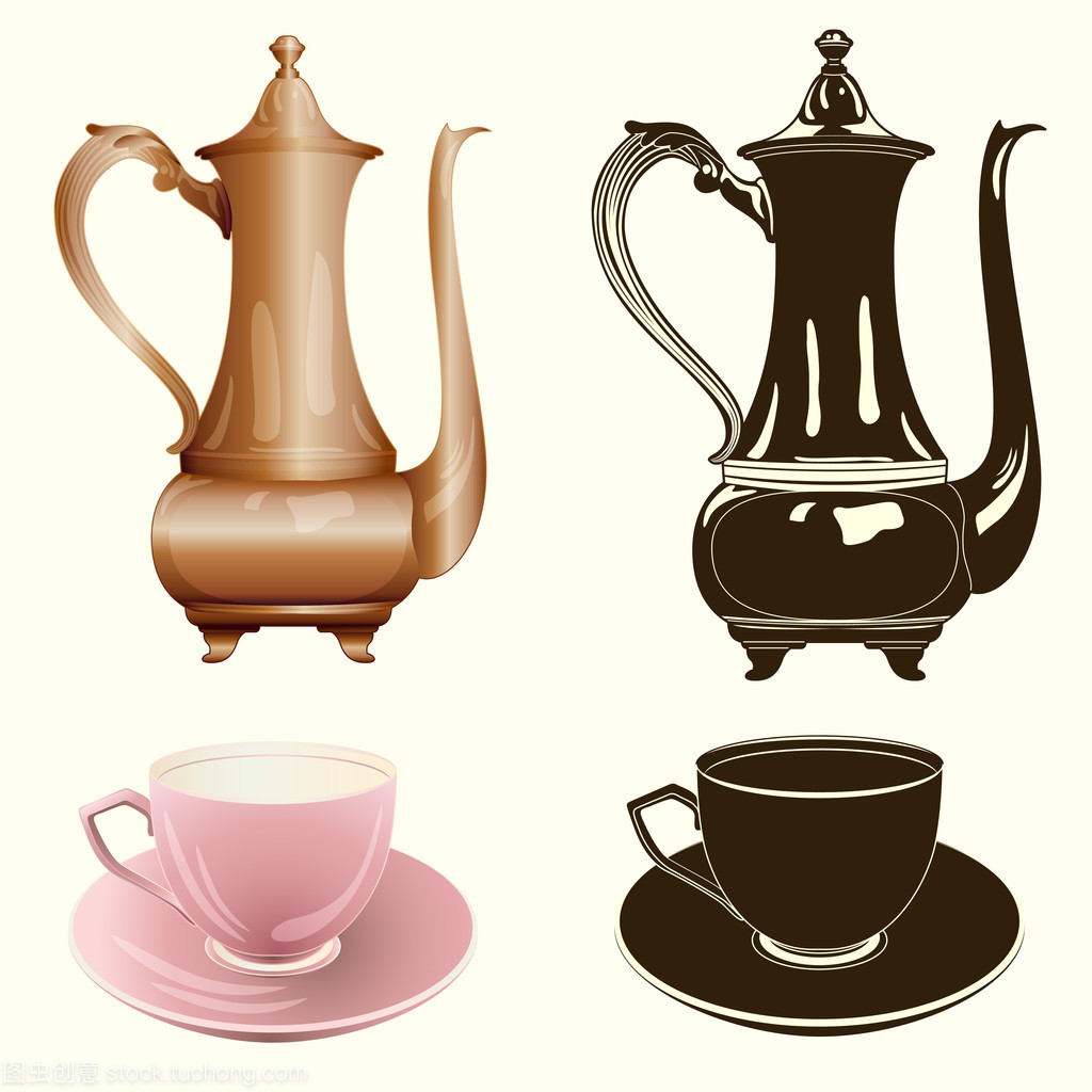 矢量茶具 古色古香的茶壺與杯子的彩色與單色之美